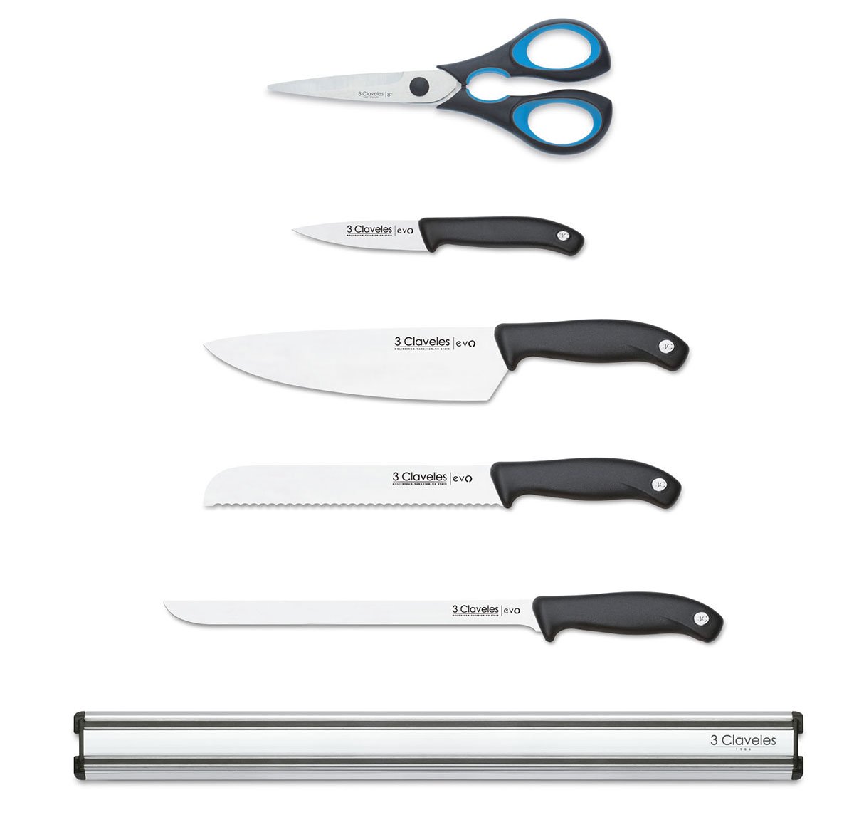 3Claveles Evo - Juego de 4 cuchillos, tijera de cocina y soporte magnetico