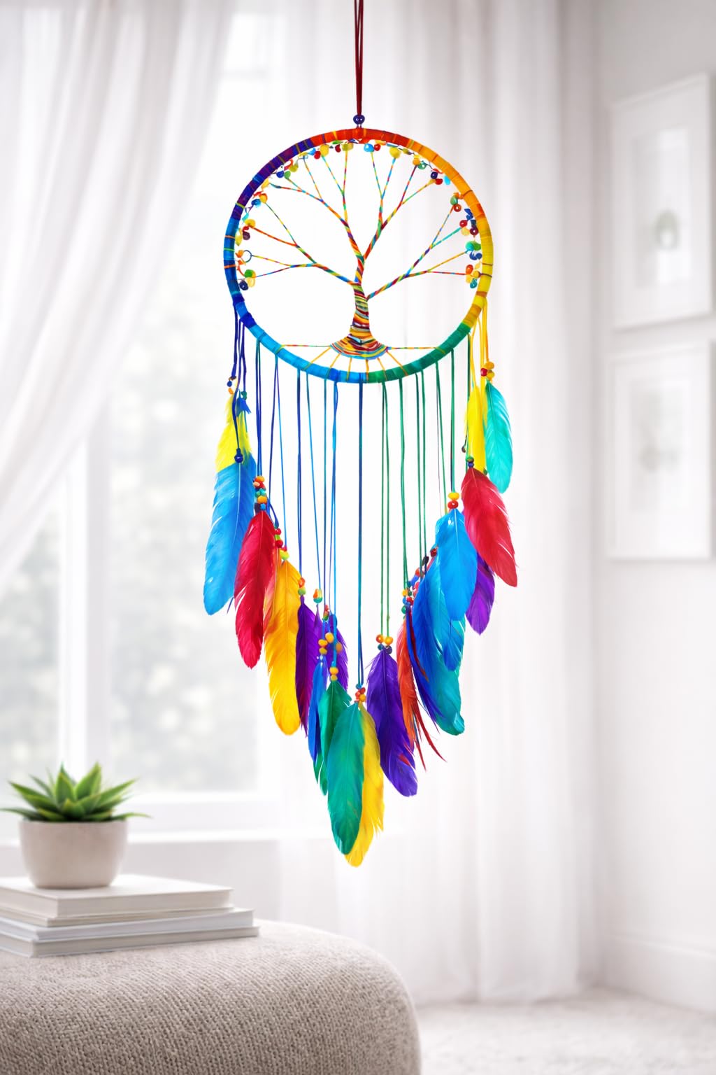 Unbekannt Oma Dream Catcher – Tree of Life Weiß Wildleder Traumfänger mit Federn & Holz Perlen – Groß Größe – 91,4 cm Lang x 27,9 cm Durchmesser Marke Beige