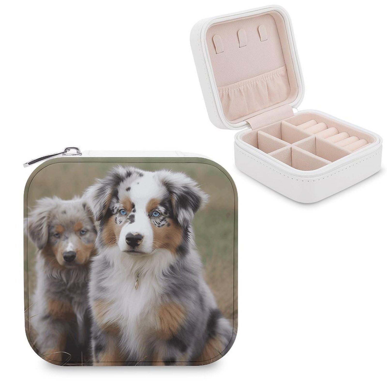 FekiLoot Australian Shepherd Jewelry Case Personalized Leather Jewelry Box Mini Travel Jewelry Case Small Portable Jewelry Organizer for Ring Earrings Necklace Bracelet
