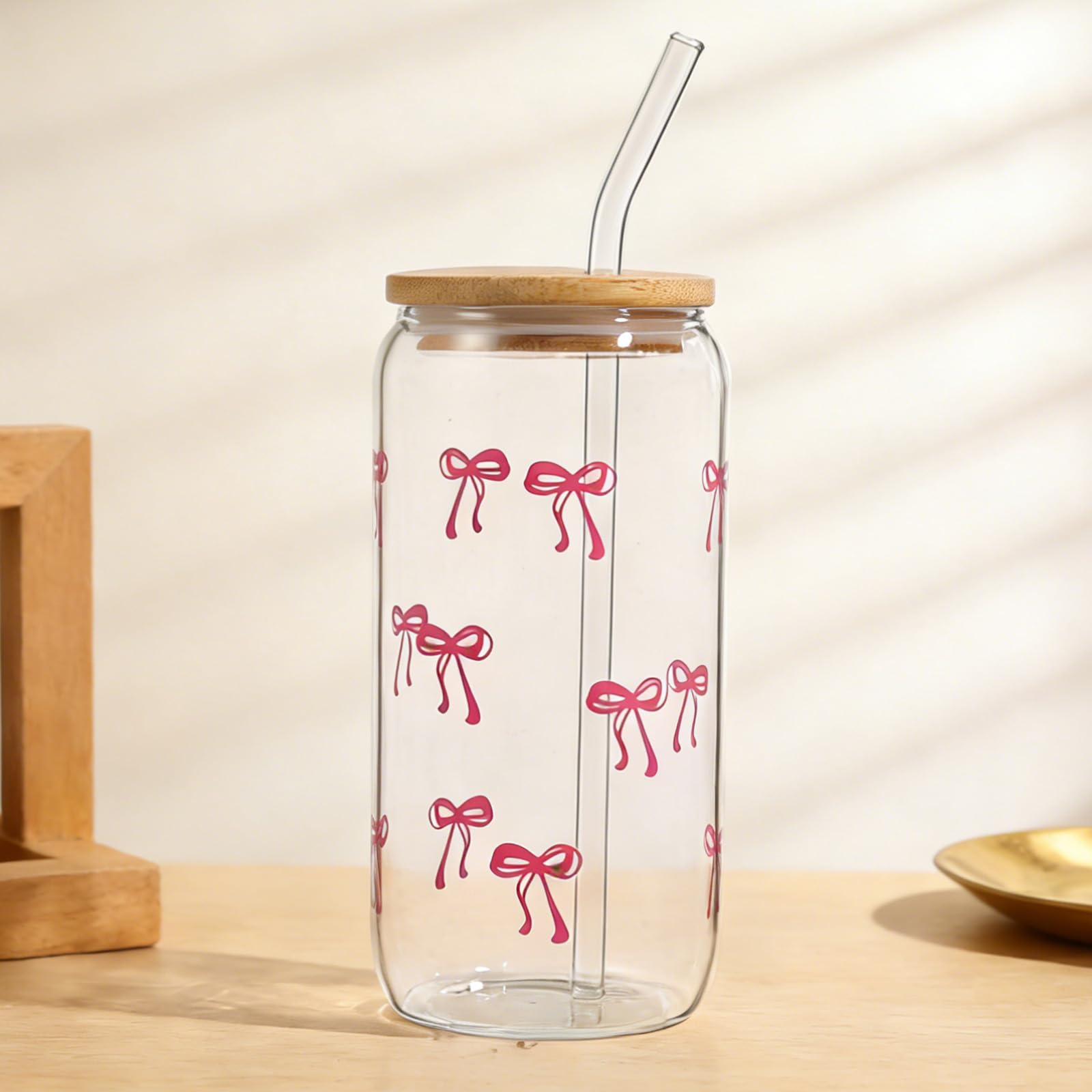 ToKinCen Bow Glass Cup, 16 oz Bow Iced Coffee Glass Cups with Lids and Straws and Cleaning Brush - Image 2