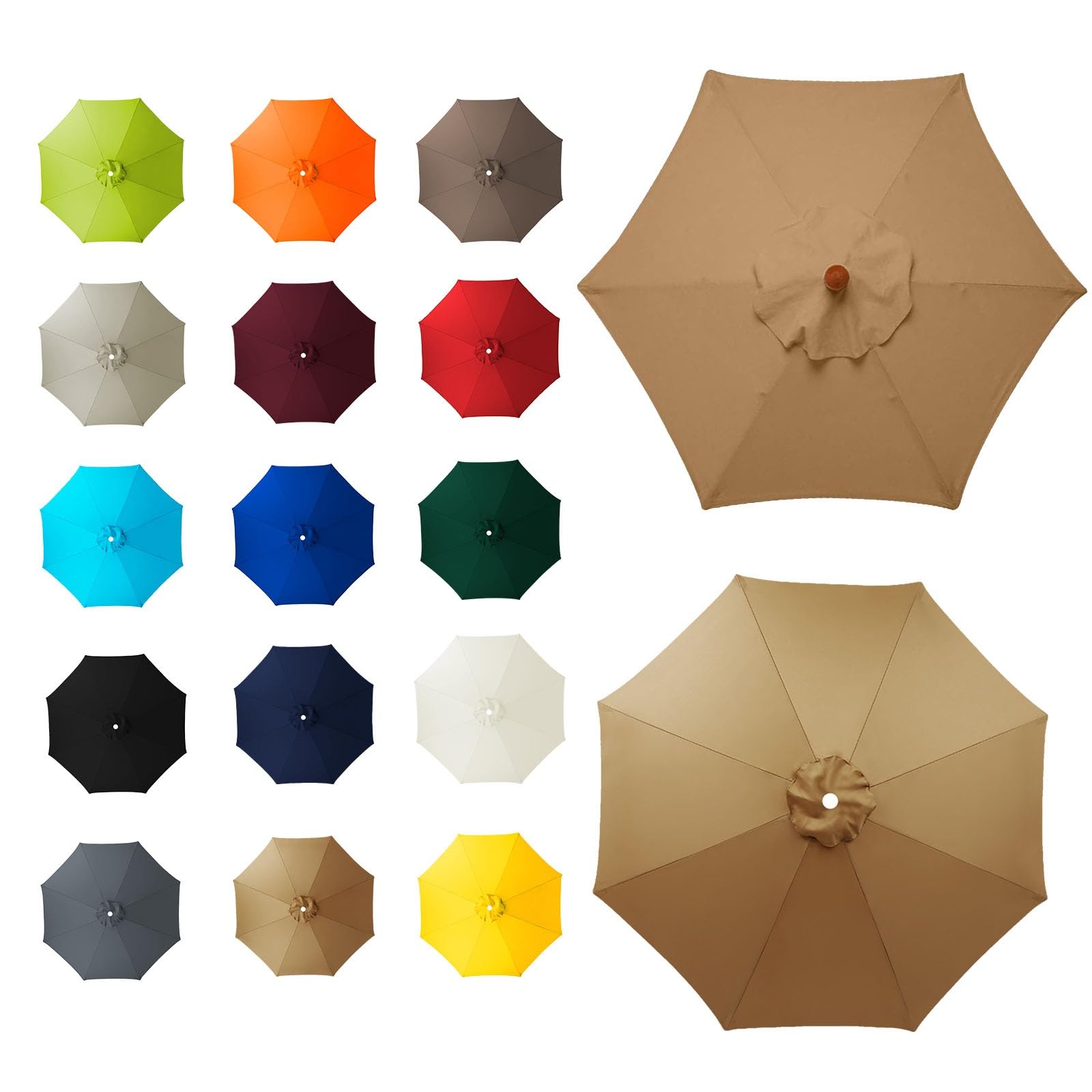 6 Arms/8 Arms Umbrella Replacement Canopy, Replacement Canopy, Replacement Parasol Cover, Sun Umbrella Replacement Cloth, Many Colours, for Patio Market Table, Patio, swimming Pool(Khaki,6ribs:3.0m/9.