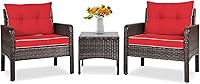 Vista 11 de Tangkula Juego de 3 piezas de muebles de patio de mimbre PE, juego de conversación de bistró al aire libre con cojines y mesa de centro de vidrio