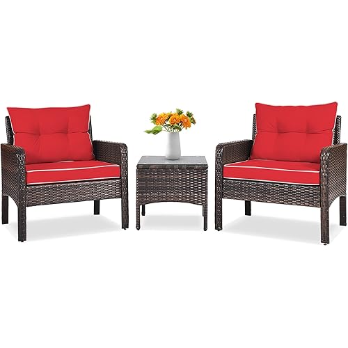 Tangkula 3 Piece Outdoor Patio Furniture Set, Wicker Chairs Set with Glass Top Coffee Table, Thick Cushions, All Weather Garden Lawn Poolside Backyard Porch Furniture Set for 2 (Red)