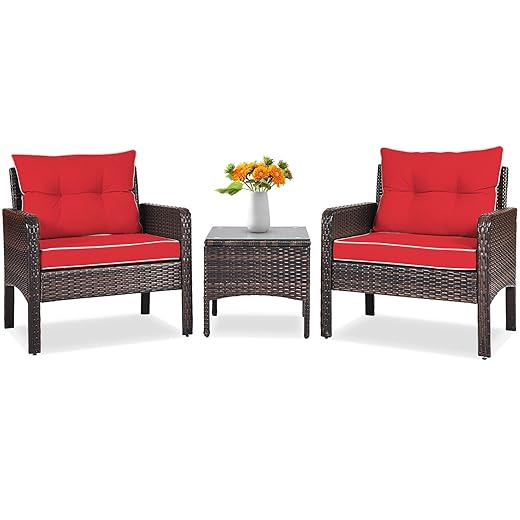 Tangkula 3 Piece Outdoor Patio Furniture Set, Wicker Chairs Set with Glass Top Coffee Table, Thick Cushions, All Weather Garden Lawn Poolside Backyard Porch Furniture Set for 2 (Red)