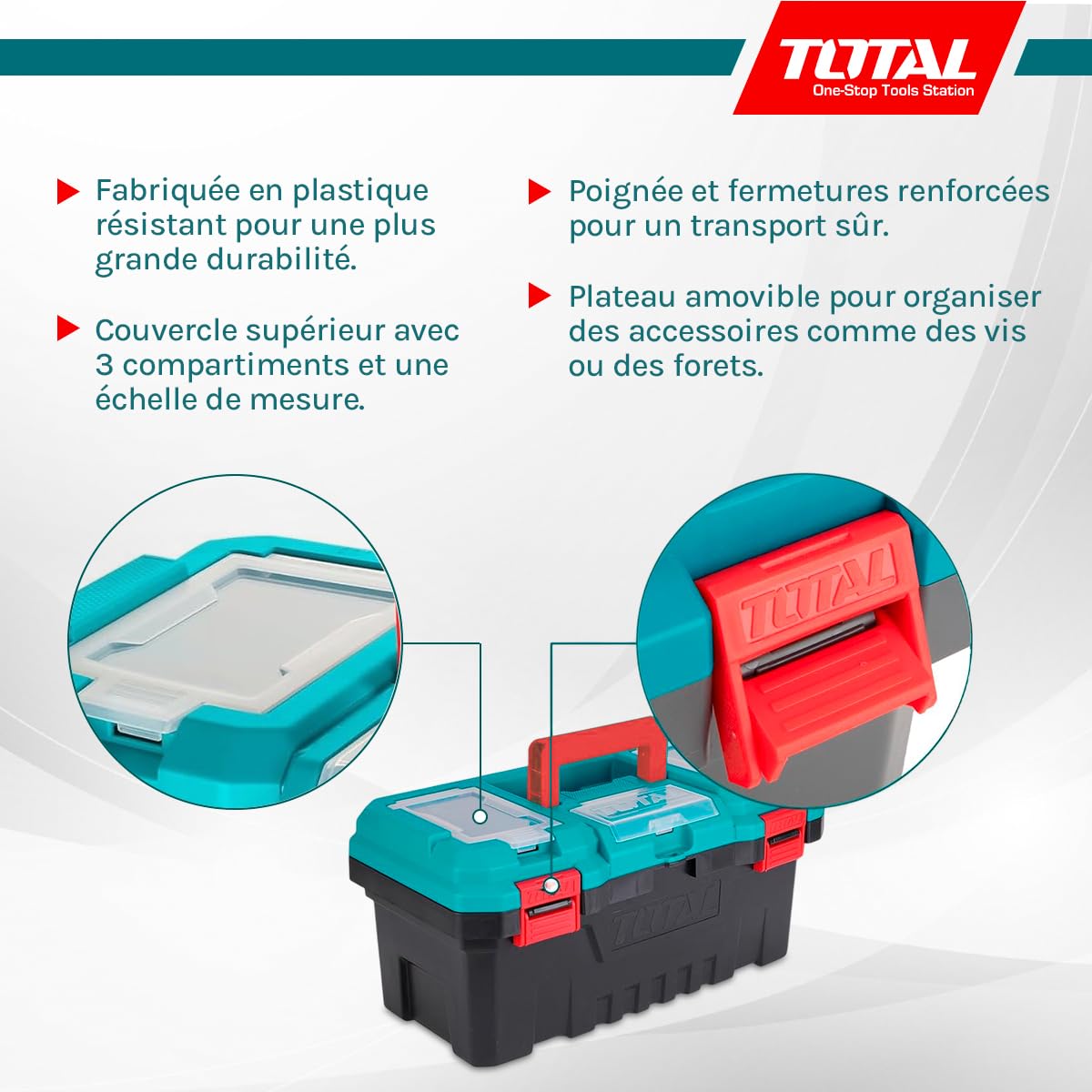 TOTAL - Organisateur d’Outils 20 kg - Boîte en Plastique avec Plateau Amovible et Couvercle Supérieur - 3 Zones de Rangement et Fonction Échelle - Dimensions 508x296x261 mm