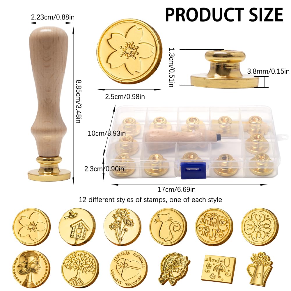 12 Stück Siegelwachs Stempel Siegelstempel Set Wachssiegel Stempel Blume Wachssiegel Stempelset mit 1 Holzgriff Siegelstempel Blume des Lebens Wachsstempel Köpfe für Kartenherstellung