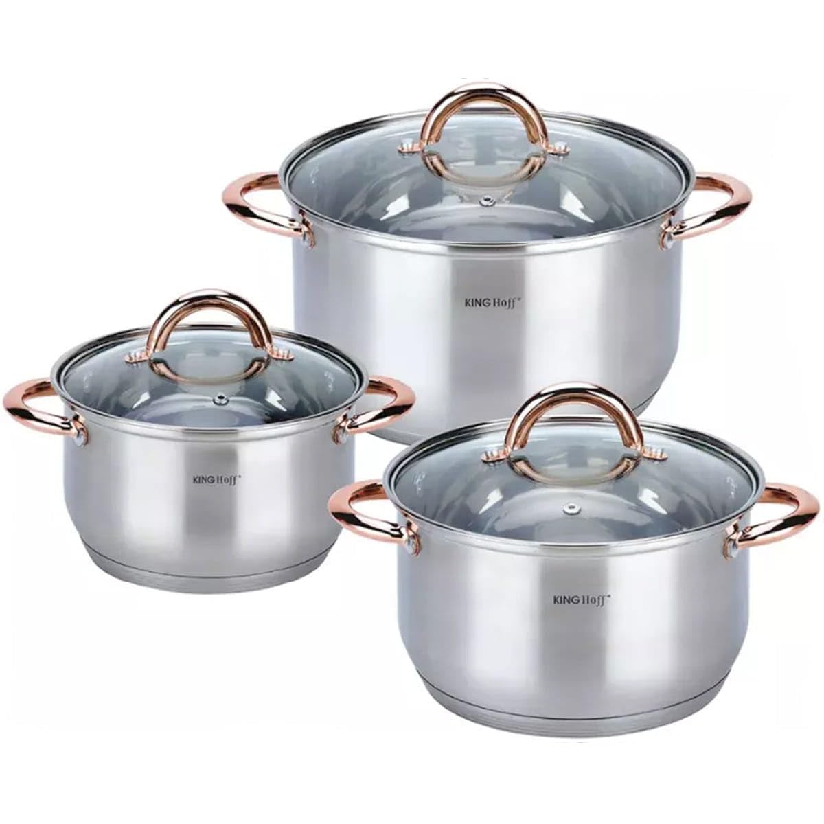 Kinghoff Topfset Induktion 6-teiliges, Kochtopf Set mit Glasdeckel, Kochgeschirr aus Edelstahl außen mattiert, Töpfe Set, Geeignet für alle Herdarten, Spülmaschinenfest, (Rosegold)