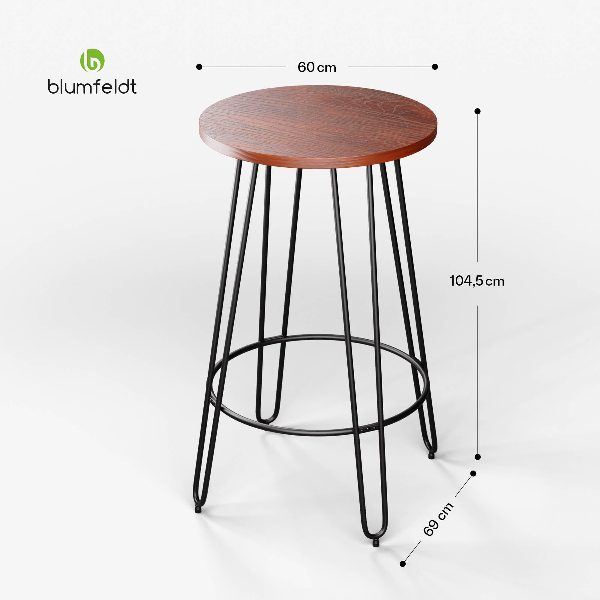 blumfeldt Mesa Bistro, 60cm Madera Caoba, Estilo Industrial, Estructura Acero con reposapiés, Mesa de Bar, Ideal para Cocina & Comedor