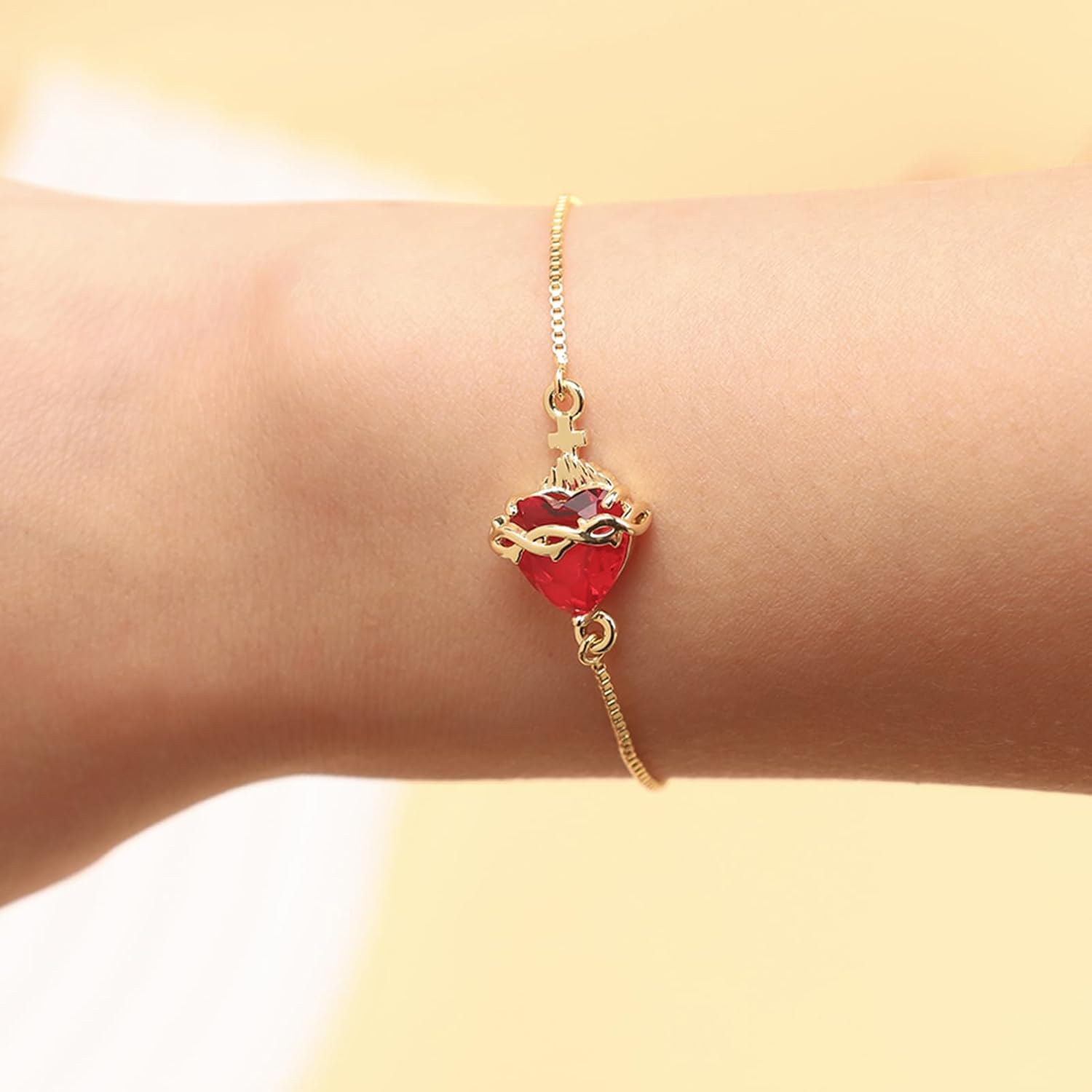 Red/Pink Zircon Gold/Silver Plated Sacred Heart of Jesus Bracelets For Women Immaculate Heart of Mary Charm Bracelet Cross Jewelry for Christian Gifts - Image 2