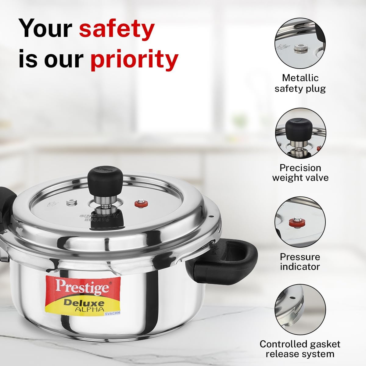 Diagram showing safety features of the Prestige pressure cooker