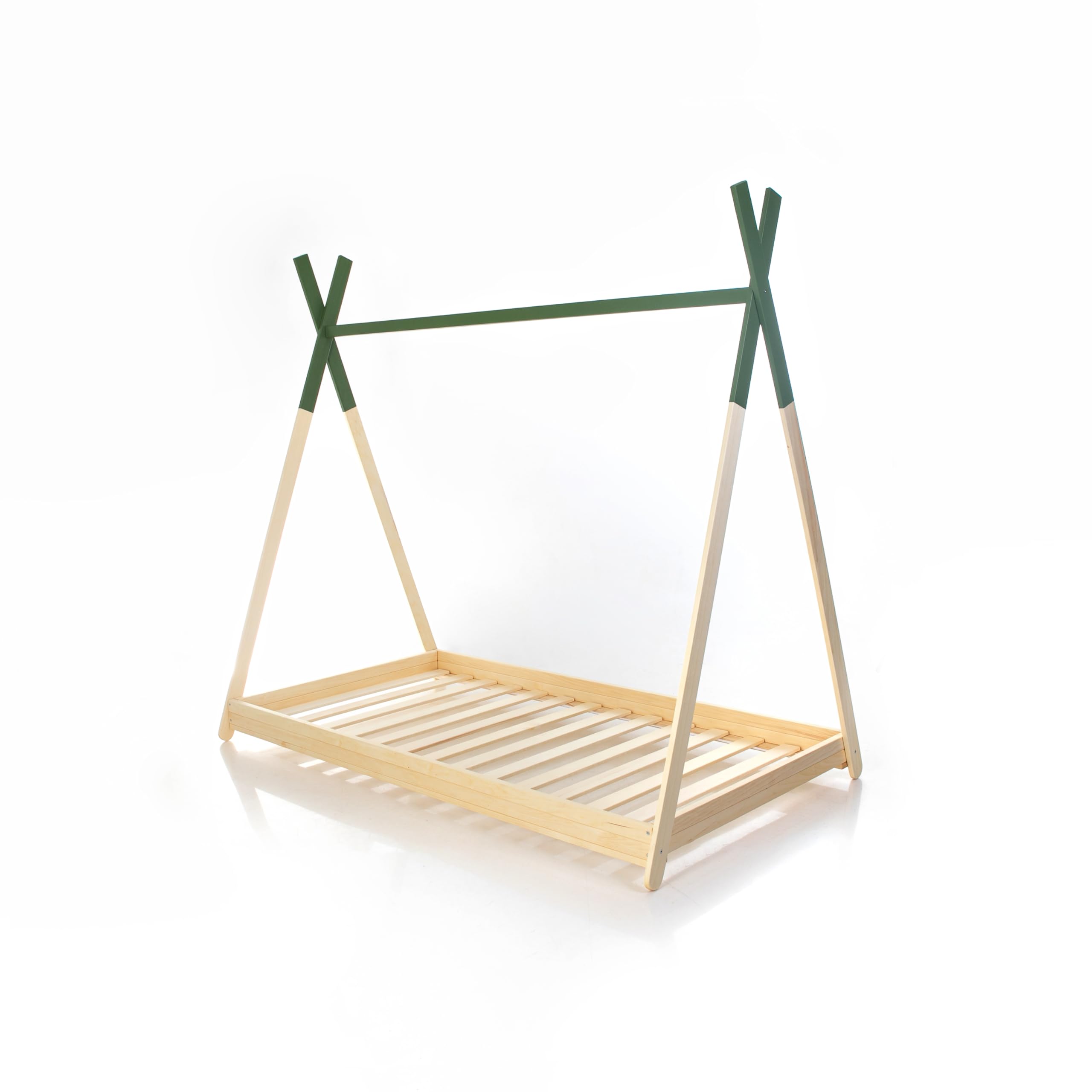 HOMEforDREAMS Cama infantil estilo tipi H4D-07: diseño inspirado en Montessori, listones y techo pintado, acogedora zona para dormir y jugar para niños (verde, 190 x 135 cm)