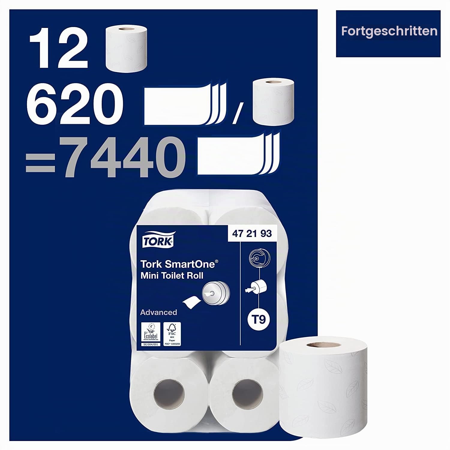 Tork SmartOne Mini Toilettenpapier Weiß T9, Advanced, 2-lagig, 12 × 620 Blatt, 472193