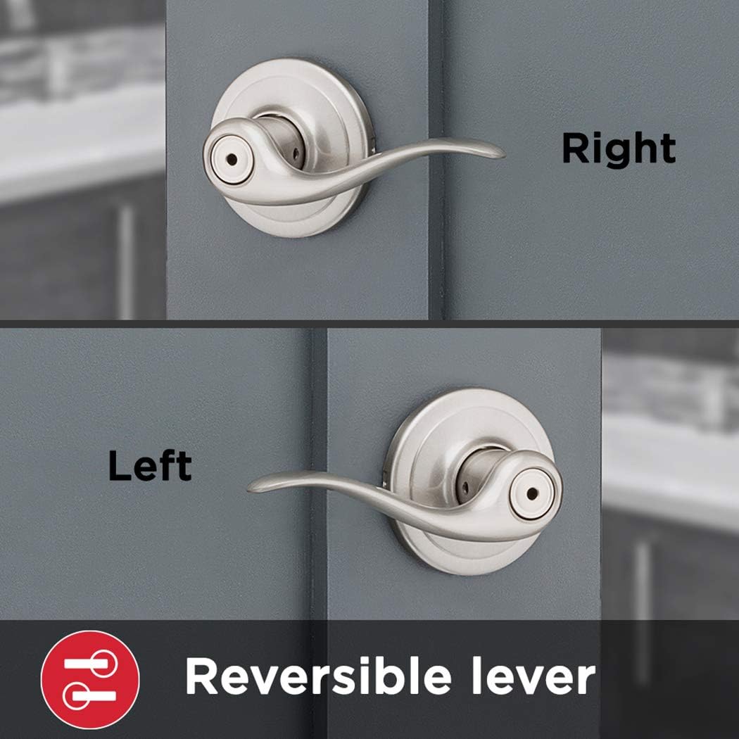 Kwikset Tustin Interior Privacy Door Handle with Lock, Door Lever For Bathroom and Bedroom, Satin Nickel Reversible Keyless Turn Lock, with Microban Protection