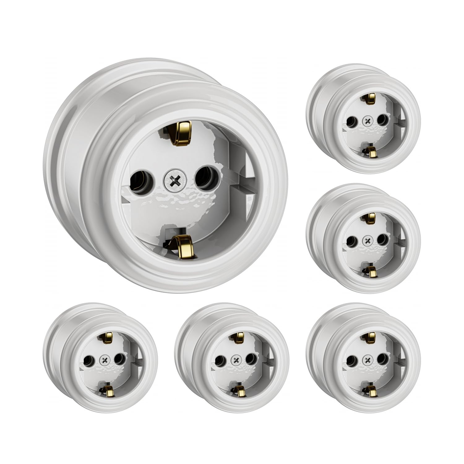 ledscom.de 6-gniazdowe gniazdko natynkowe z porcelany PORS, białe błyszczące, okrągłe, ⌀ 65 mm