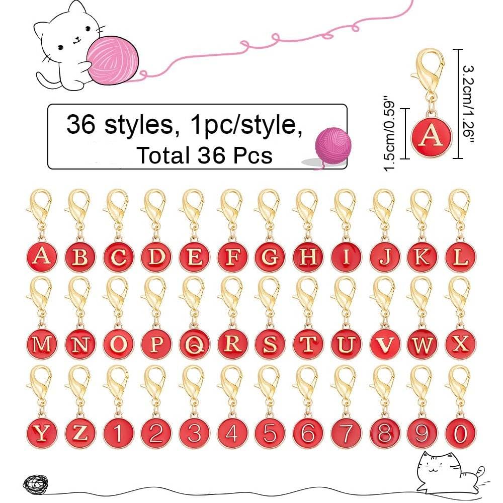 NBEADS 36 Pcs Number Stitch Markers, Red 36 Styles Including A-Z Letter Crochet Markers 0-9 Number Locking Stitch Marker Enamel Stitch Needle Clip for Knitting Weaving Sewing Accessories