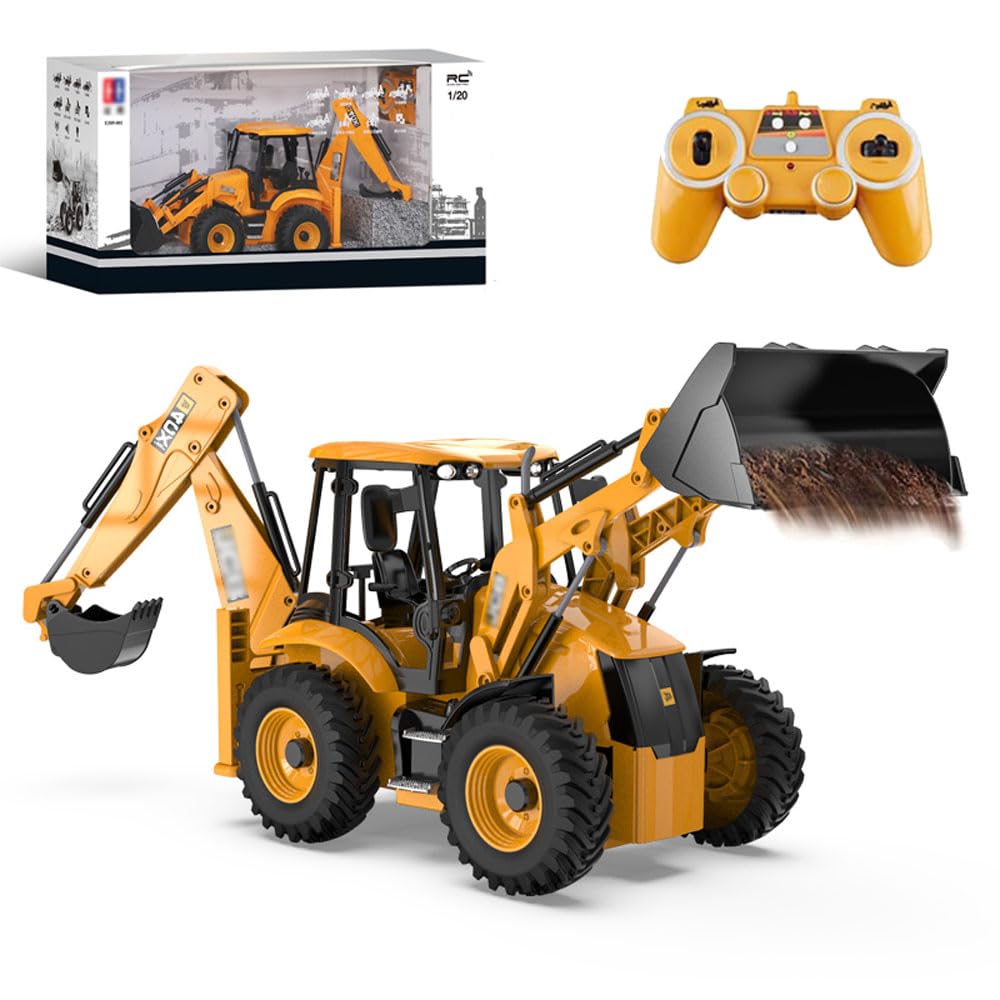 RC Backhoe Wheel Loader 11CH 2.4G Fully Functional 1/20 Remote Control Excavator Bulldozer Back Hoe Truck Tractor Digger Heavy Duty Construction Vehicle Engineering Trucks