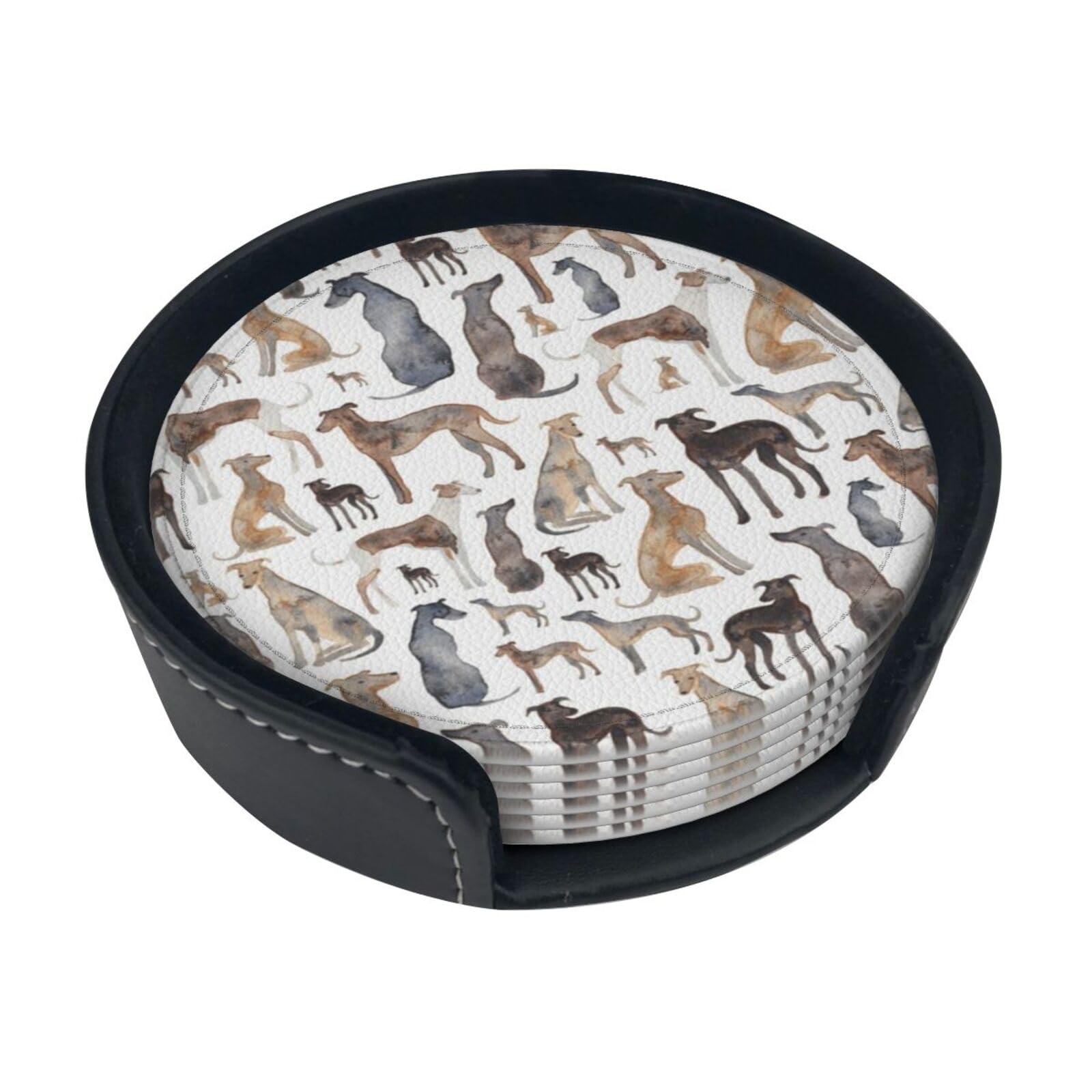Poadnly As Picture Greyhound Whippet And Dog,Set Of 6 Round Coasters, Pu Leather Drinks Coasters With Holder For Home Office Kitchen