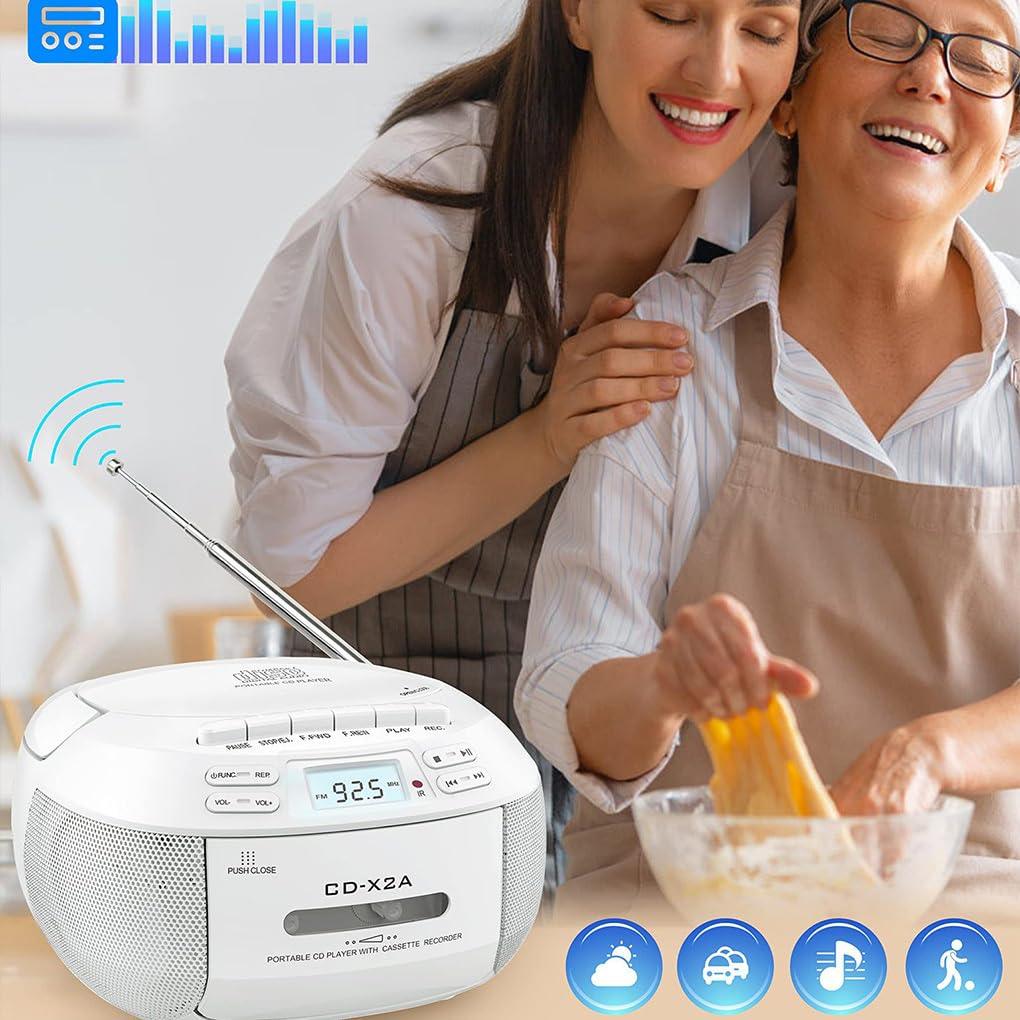 Lettore CD portatile con Bluetooth, radio AM/FM, unità flash USB e batteria integrata, lettore CD per la casa in ABS, Bianco