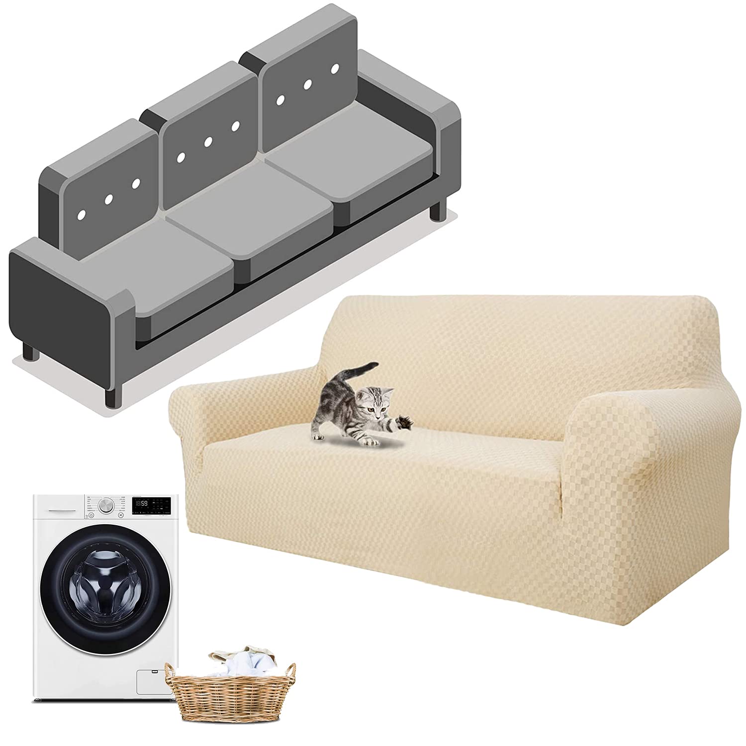 D&D Newest Jacquard Extra Large Sofa Covers for 3 or 4 Seater, Super Stretch Non Slip Couch Cover for Dogs Pet Friendly Sofa Slipcover Furniture Protector (3 Seater,Light Beige)