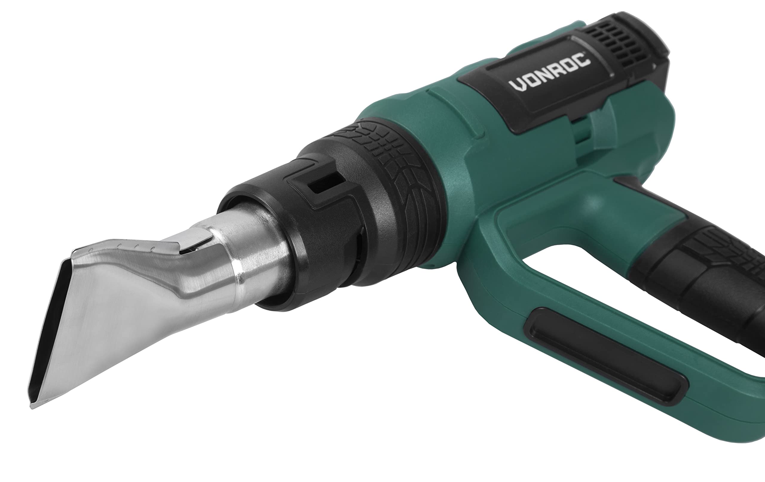 VONROC Décapeur Thermique Professionnel - Pistolet à Air Chaud 2000W – 60 Températures, 5 Positions Débits d'Air – Revêtement Véhicule, Séchage Peinture, Accélérer Fixation - 4 Buses Incluses