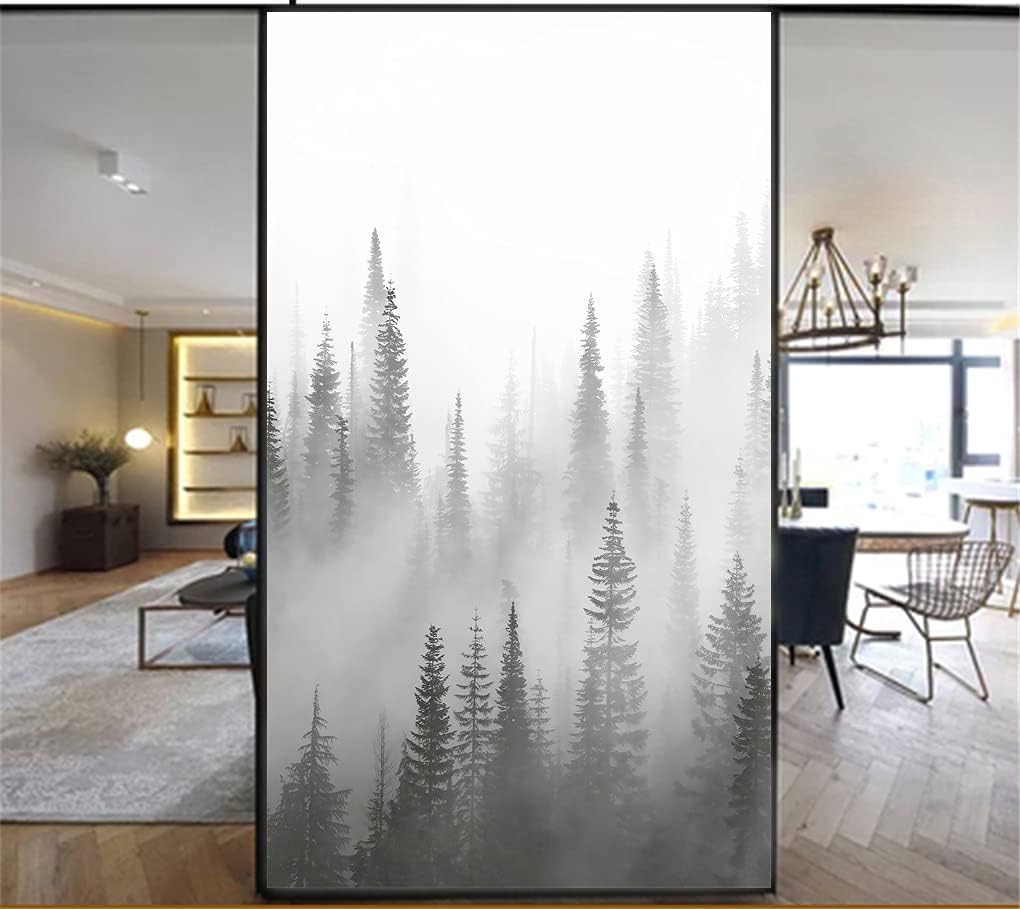 Privacy Windows Film Mist Forest Stained Glass Window Stickers Static Cling Decorative Frosted Window Films Customized Size Muted Colors Window Coverings 31.5"x78.74"(80x200cm)(W x L)