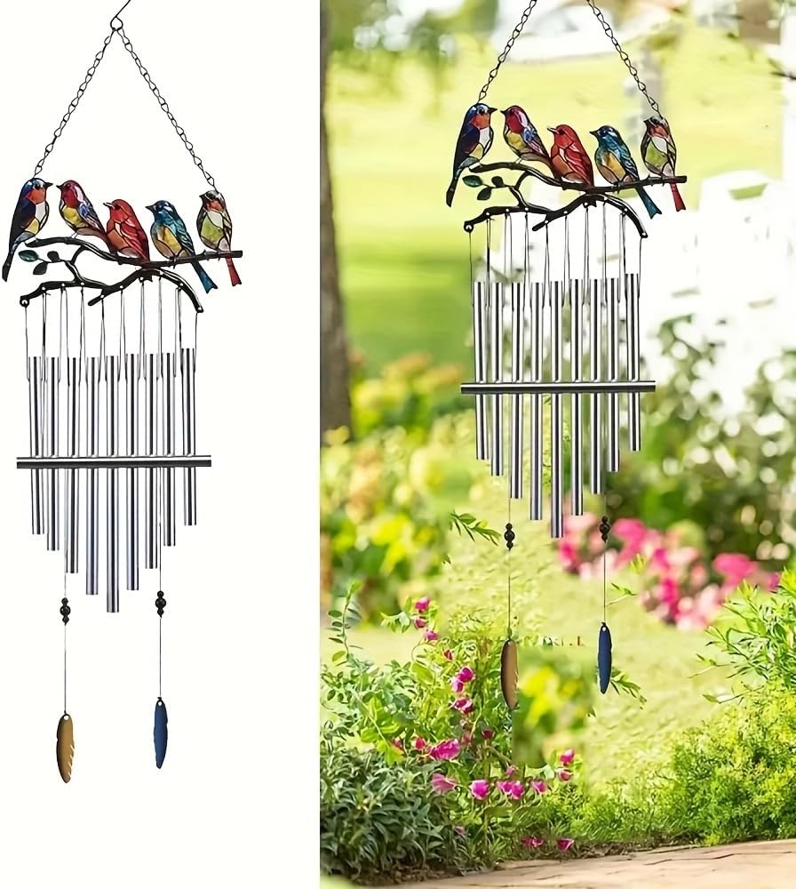 1 Set Creative Metal Wind Chimes with Birds, Decorative Hanging Ornaments for Windows, Balconies, and Gardens, No Battery Required