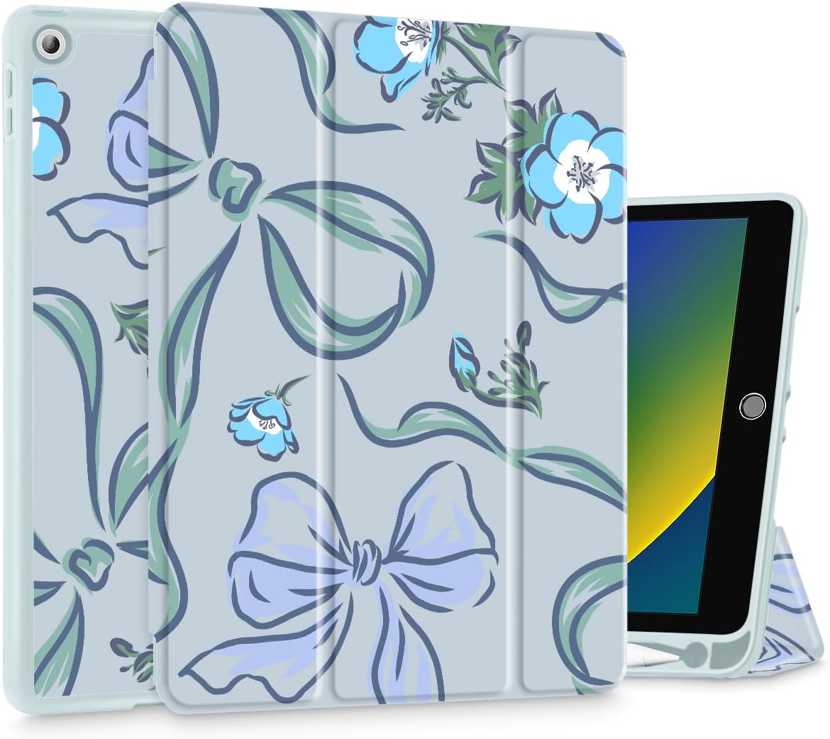 Mektron Designed Printed iPad 10.2" Case 9th Gen (2021)/ 8th Gen (2020)/ 7th Gen (2019) with Pencil Holder, Slim Stand Protective Case with Soft TPU Back, Auto Wake/Sleep for iPad 10.2 Inch, Bows C355
