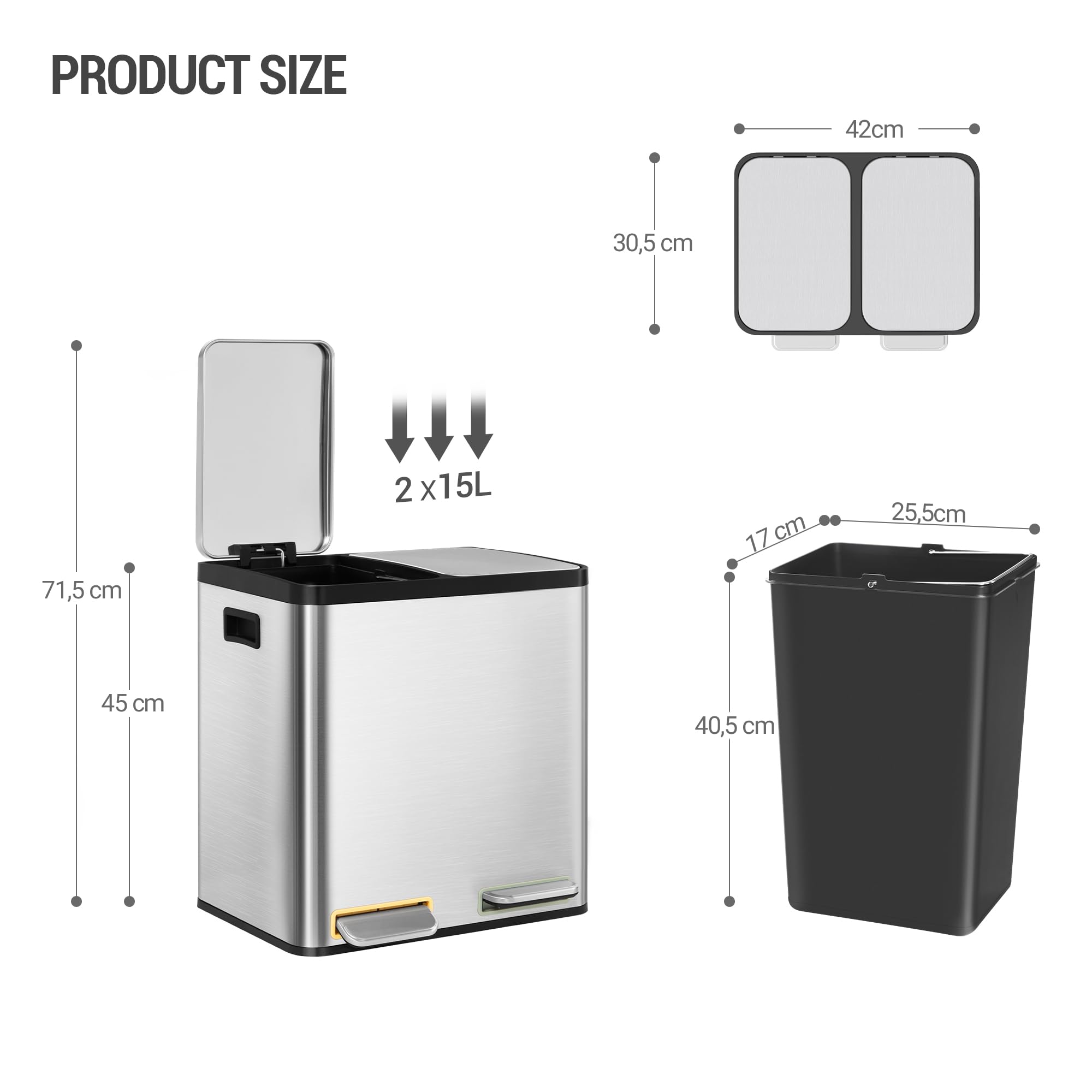 Hzuaneri Basura Cocina con Pedal, Metal 30L(2 x 15L), Cubos de Basura de Reciclaje, Plateado SW21599E