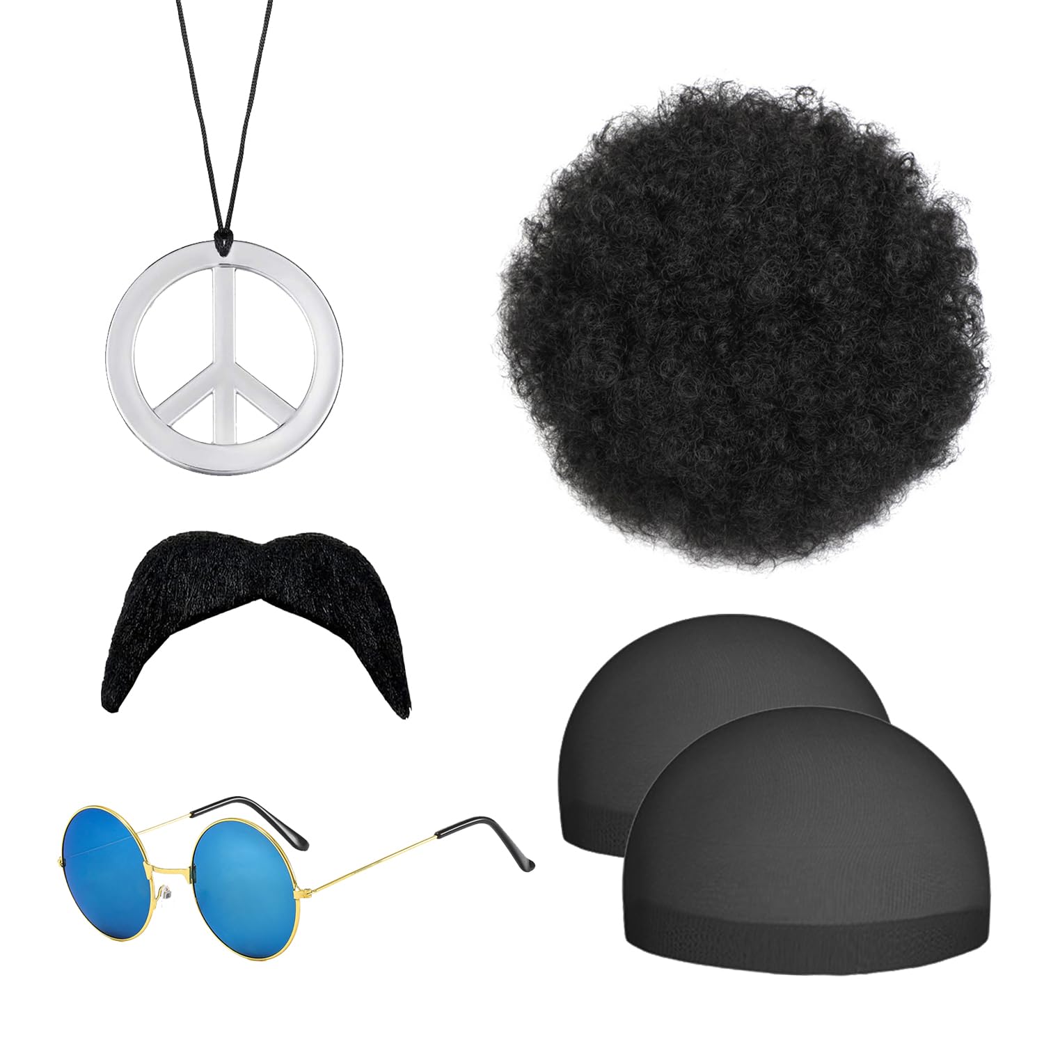 Set De Disfraz Hippie De 5 Piezas – Peluca Afro, Gafas De Sol, Barba, Collar De La Paz Y 2 Redecillas – Ideal Para Fiestas De Los 70 Y Halloween