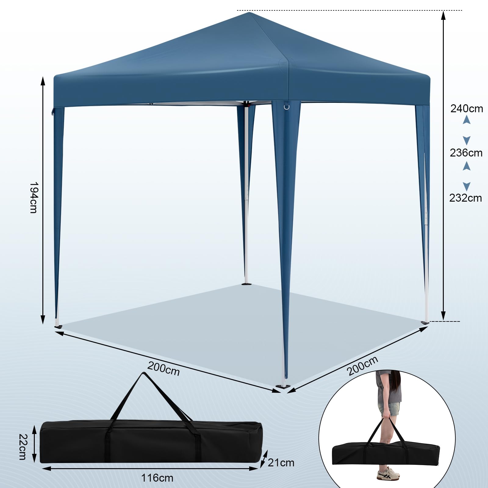 WOLTU Pavillon, Faltpavillon 2x2 m, mit 4 Seitenwänden, Partyzelt wasserabweisend UV-Schutz 50+, höhenverstellbarer Gartenpavillon, mit Tragetasche, für Outdoor Garten Camping, Blau