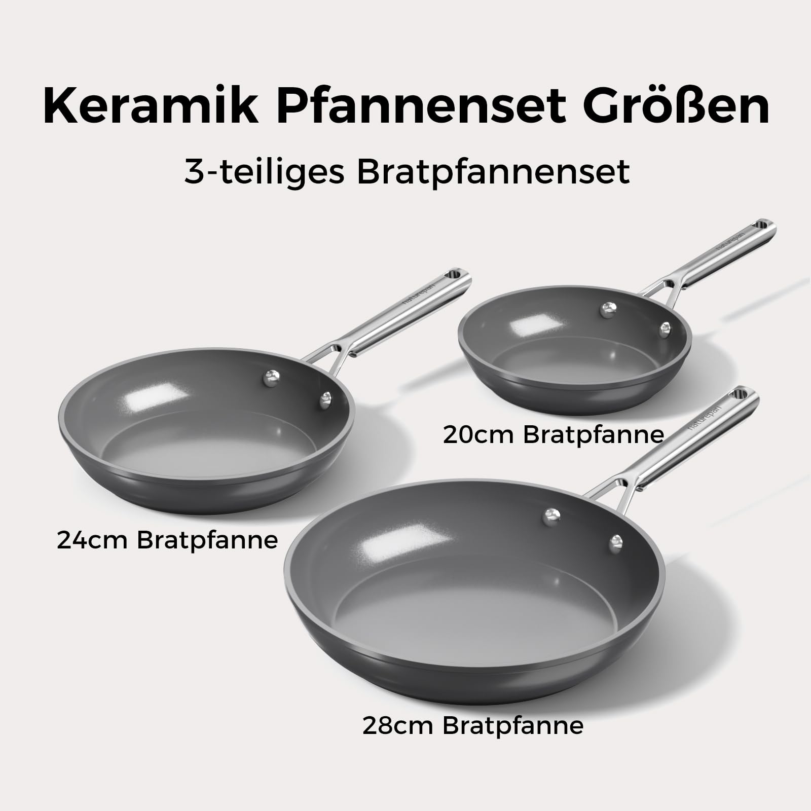 Pfannenset Keramik Induktion (20+24+28cm), DiamondTitan-Keramikbeschichtung, Antihaft Bratpfanne mit Edelstahlgriff, PTFE-frei PFAS-frei PFOA-frei, Backofenfest, spülmaschinenfest (Grau)