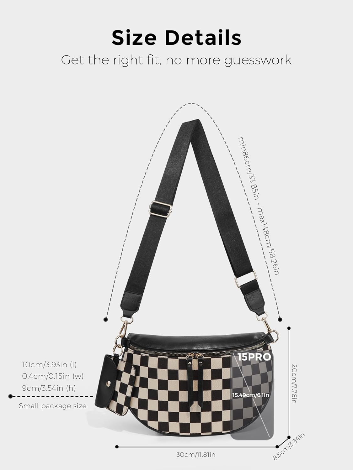 hibear Bum Bag for Women,Canvas Checkered Crossbody Bag Checkered Purse Fanny Packs Black and White Belt Wallet - Image 3