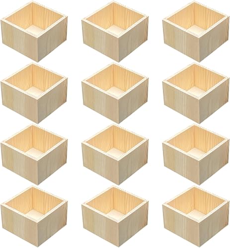Paquete de 12 cajas cuadradas de madera de 4.7 pulgadas, pequeñas cajas de madera sin terminar para manualidades (exterior 4.7 x 4.7 x 3 pulgadas,