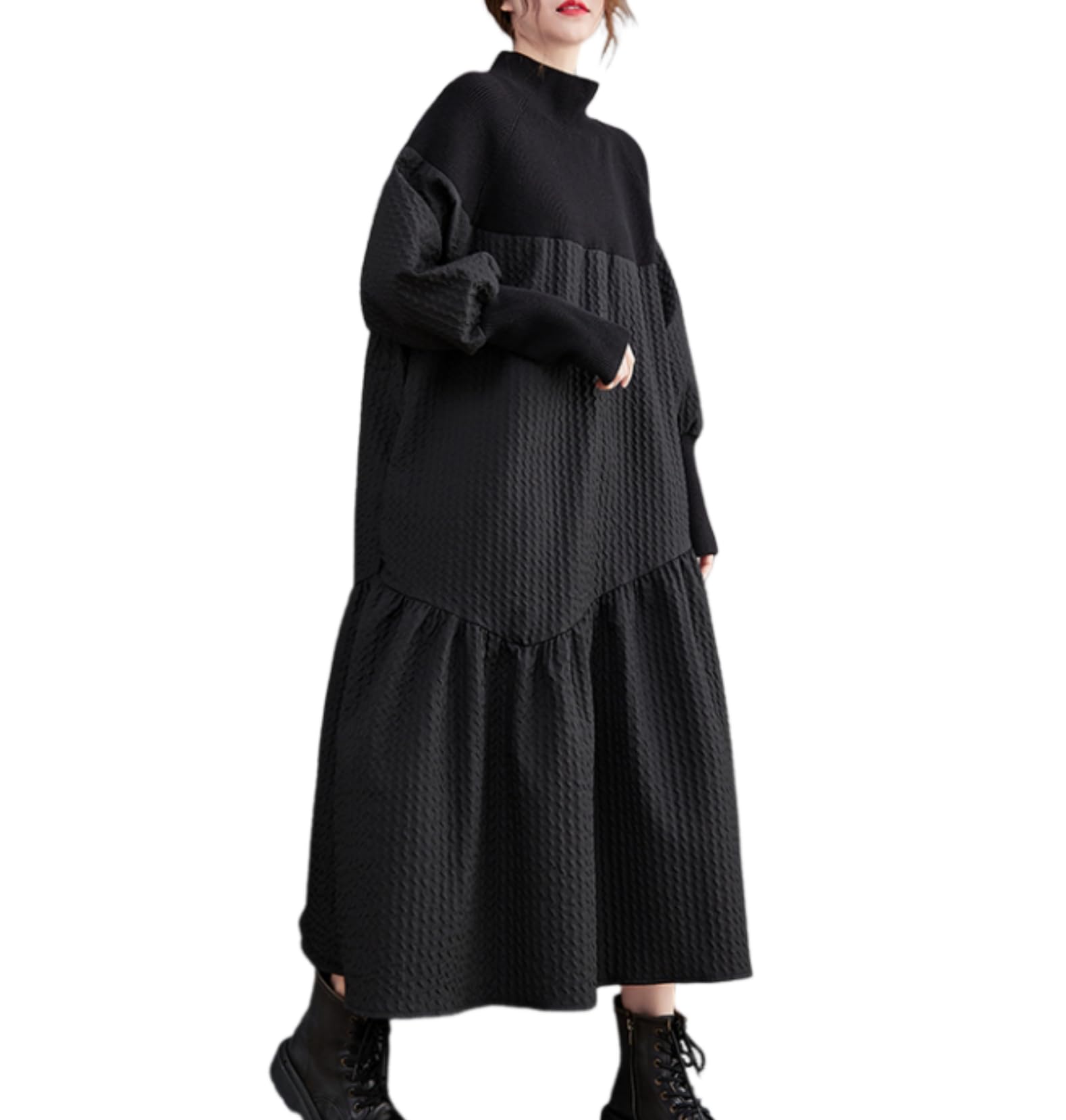 ellazhu Robe Tricotée à Col Roulé Patchwork avec Volants pour Noël GZ05