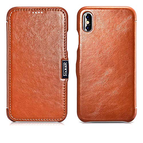ICARER Hülle passend für Apple iPhone XS und iPhone X, Handyhülle mit echtem Leder, Case, Schutz-Hülle klappbar, dünne Handytasche, Slim Cover, Vintage Braun