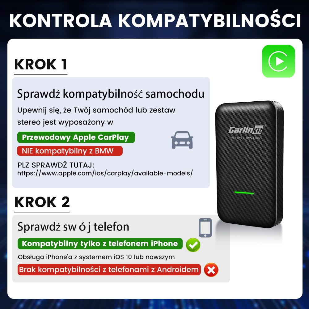CarlinKit Bezprzewodowy adapter CarPlay 3.0 do fabrycznie okablowanych pojazdów CarPlay, czerwony interfejs UI, kompatybilny z Audi/Porsche/Volvo/Mercedes/VW/KIA/Hyundai, Upgrade, IOS17