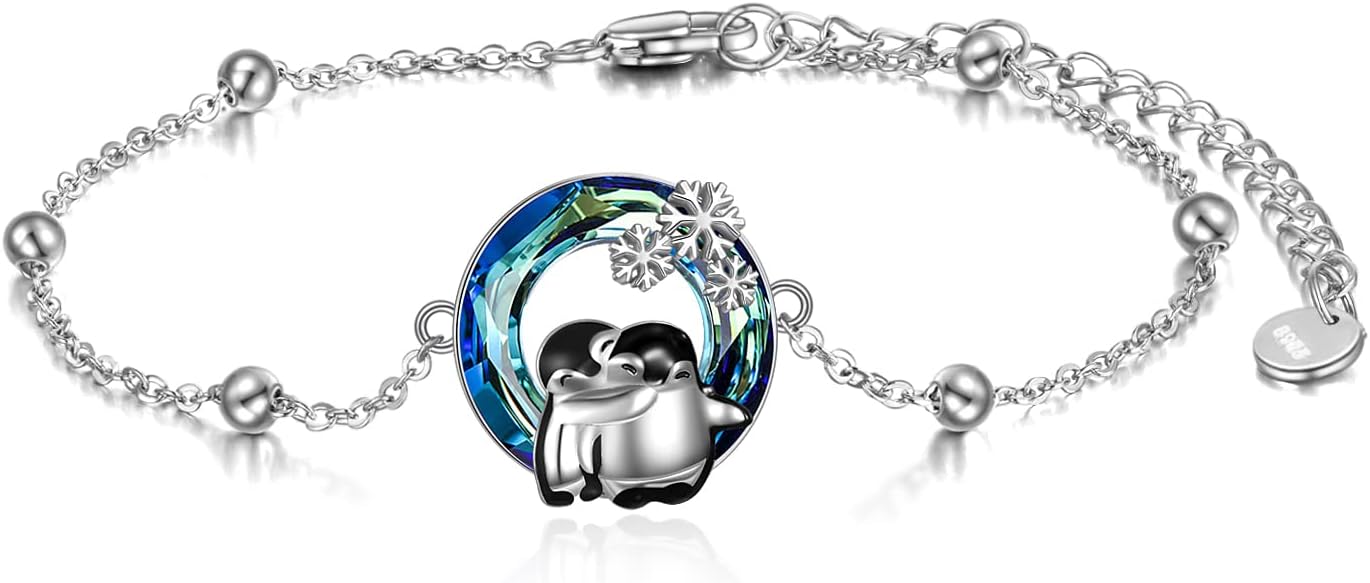 MONGAS Penguin Bracelet 925 Sterling Silver Created Blue Crystal Snowflake Bracelet Cute Animal Penguin Jewelry Gifts for Women Sisters Loved Ones
