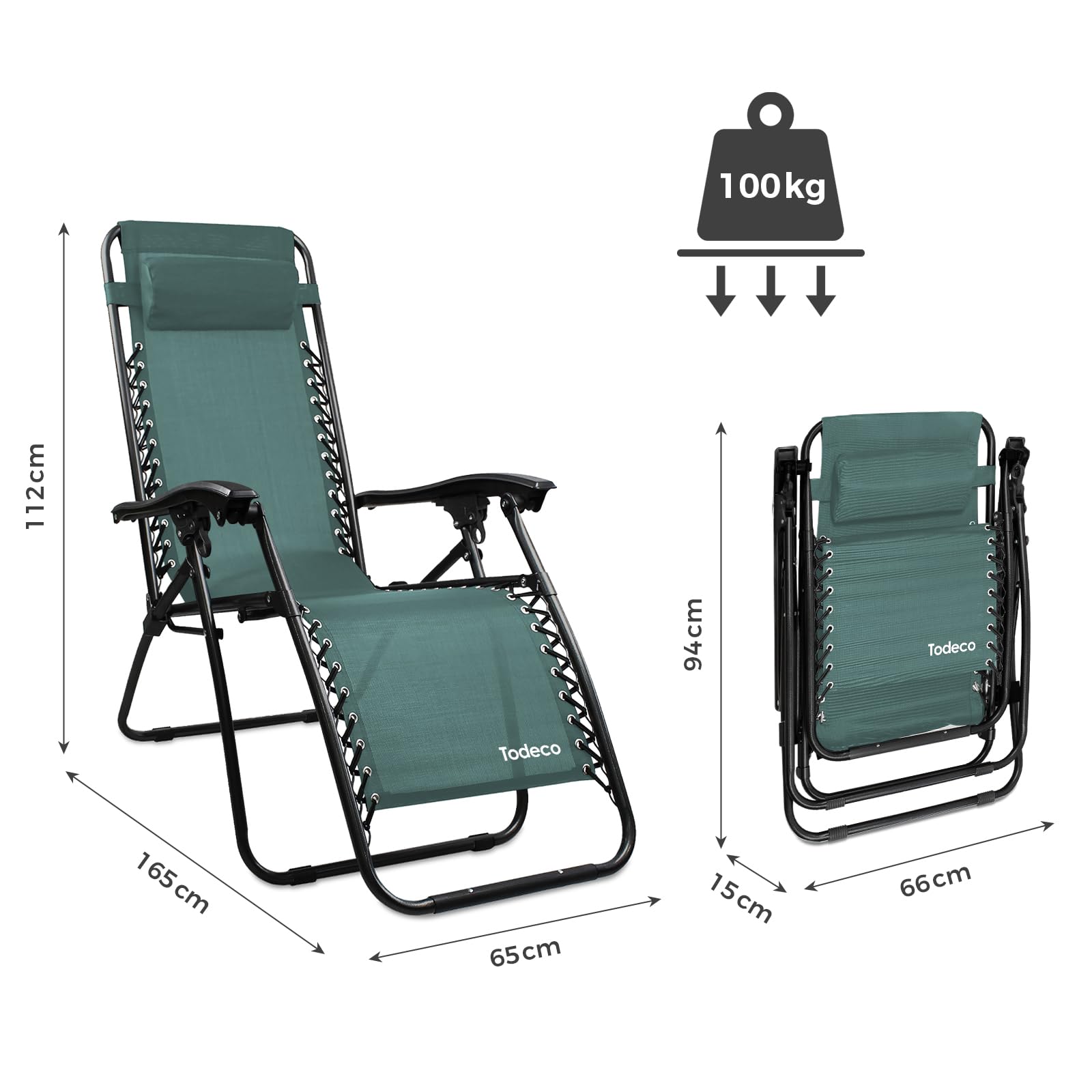 Todeco Chaises Longues Zéro Gravité Lot de 2, Fauteuils Relax de Jardin Pliables en Textilène Respirant avec Repose-Tête, Dossier Inclinable Multiposition, Bain de Soleil Terrasse Balcon Piscine, Vert