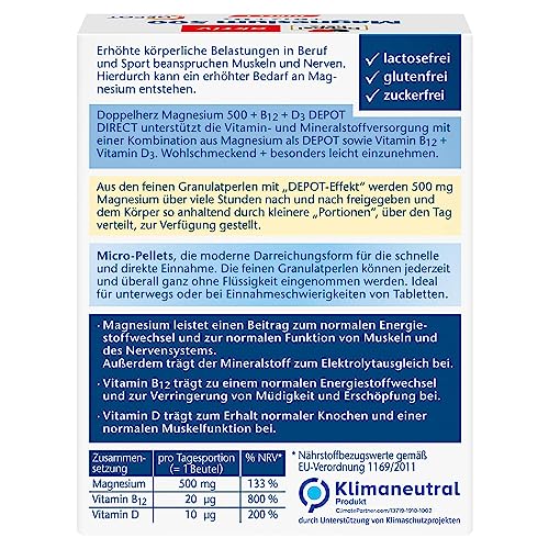 Doppelherz Magnesium 500 + B12 + D3 DIRECT mit DEPOT-Funktion - Magnesium als Beitrag für die normale Funktion der Muskeln und des Nervensystems - 20 Portionen Micro-Pellets – Bild 3