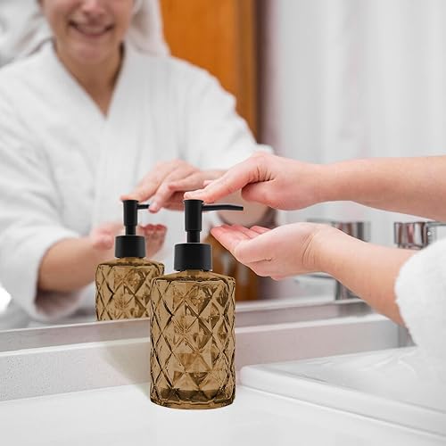 Miniatura 5 de Dispensador de jabón de vidrio ámbar de 12 onzas con bomba de plástico negro, botellas de jabón líquido recargables para baño, cocina, encimera de