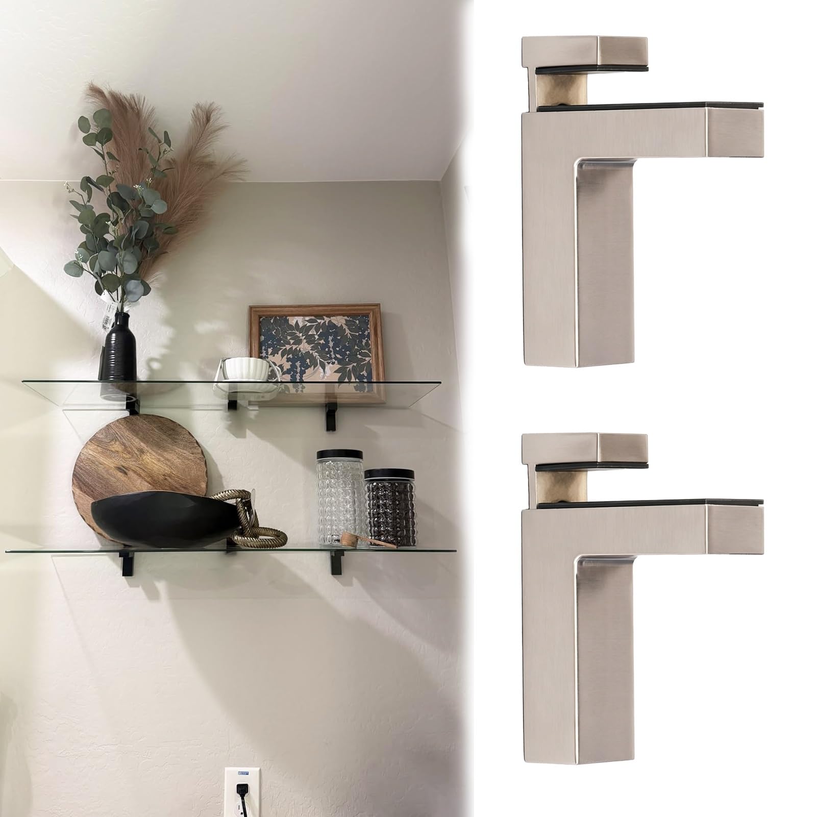 2 Pcs F-Shaped Glass Clamps for Shelving Wall Mounted, Adjustable Heavy Duty Shelf Brackets, Zinc Alloy Organization Shelves Brackets(Silver)