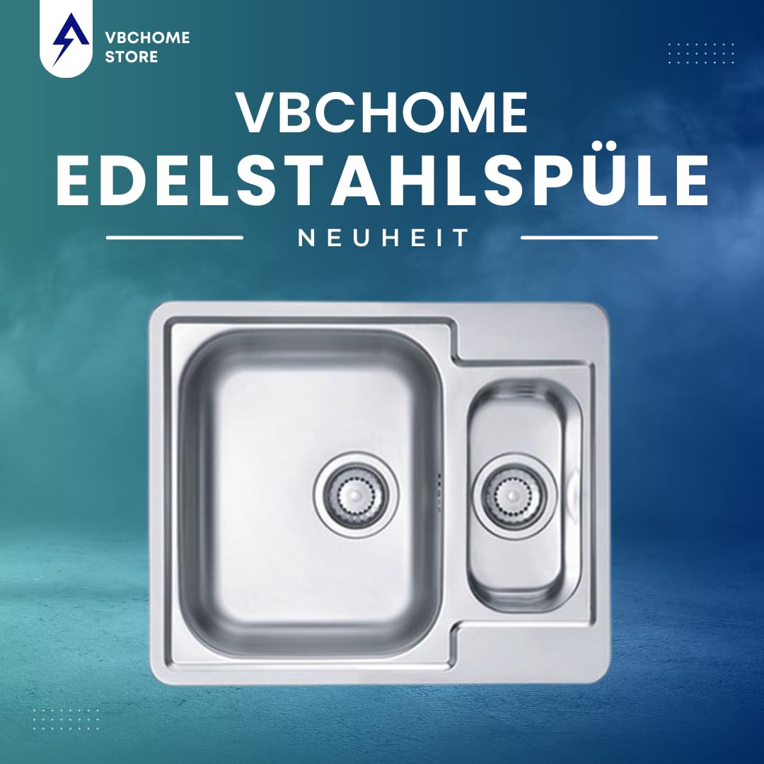 VBChome Edelstahlspüle 62x50 cm Satinstruktur Einbauspüle Küchenspüle Spülbecken Camping 1,5 Becken Ablaufgarnitur Ohne Hahnloch