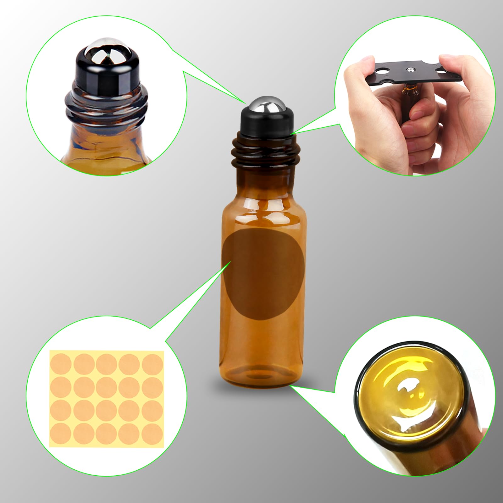 DKBT 32 puste butelki 5 ml rollon na olejki eteryczne, brązowe, na olejki eteryczne, wałek ze stali nierdzewnej, olejki eteryczne, balsamy, perfumy, masaż, 32 szt