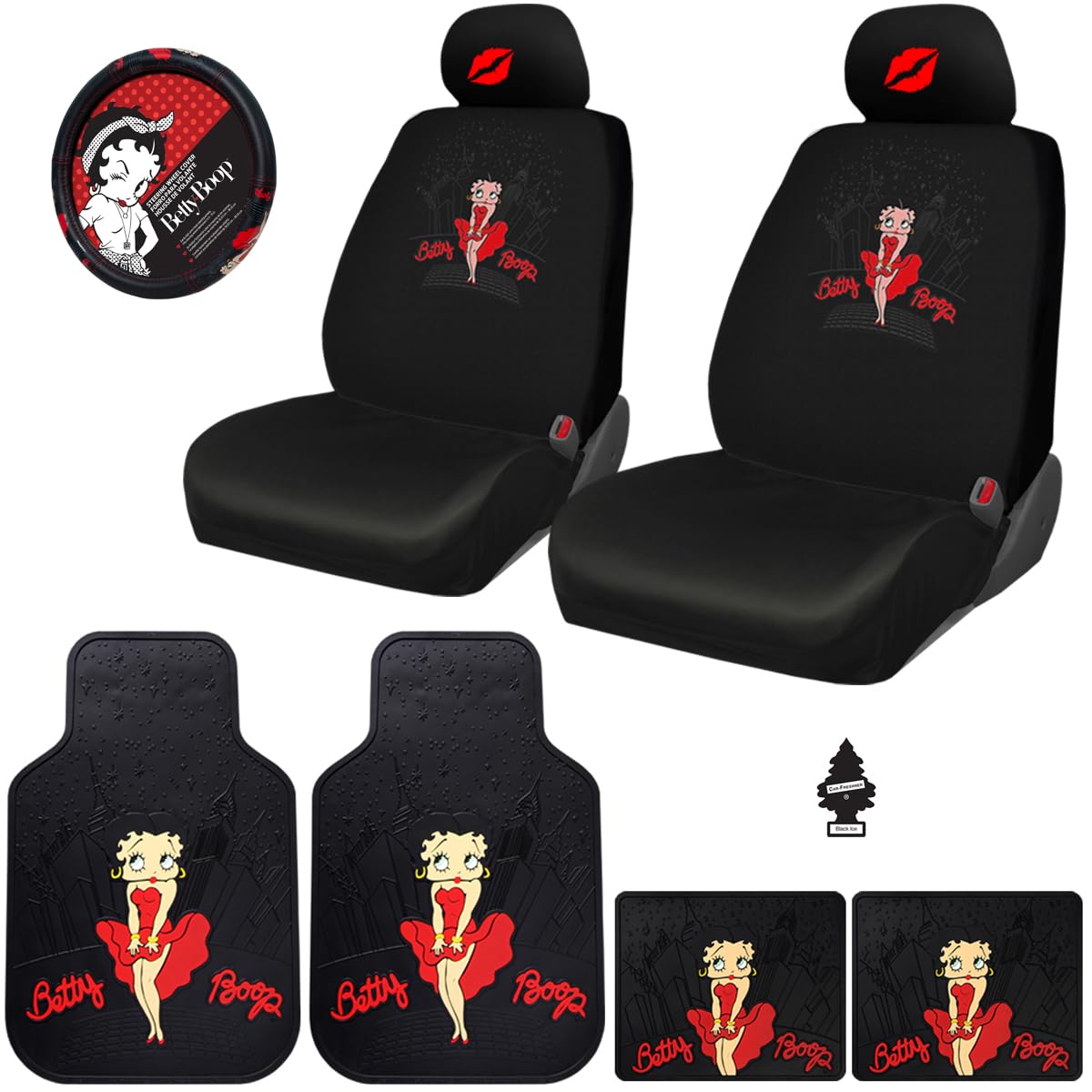 New Betty Boop Skyline Design Car Accessories Set New Seat Covers Front and Rear Rubber Mats Steering Wheel