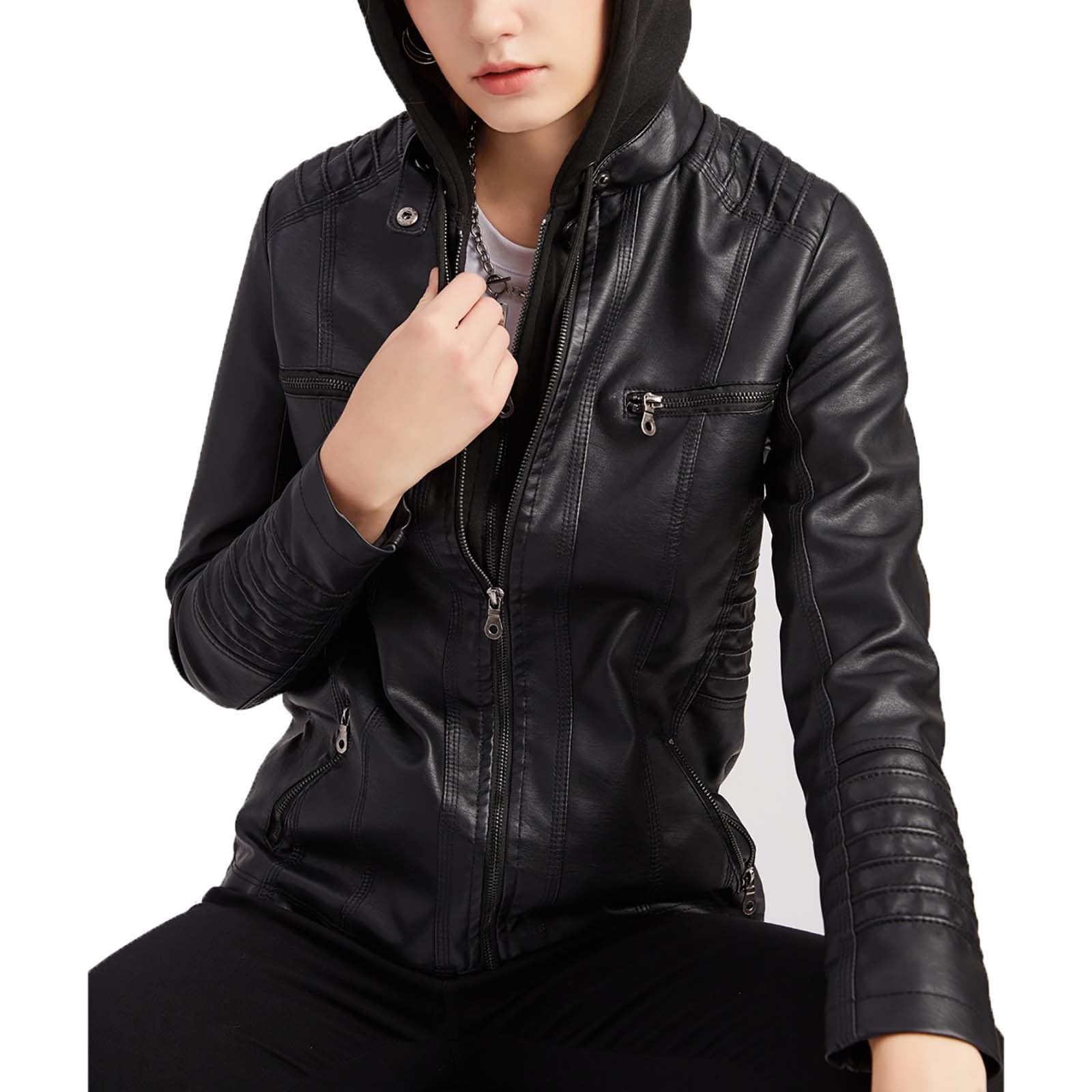 SIYAN Chaqueta De Cuero Estilo Motera For Mujer, Chaqueta Con Capucha, Chaqueta De Motociclista, Chaqueta De Cuero Sintético Ajustada Y Moderna, Chaqueta Funcional Y Moderna Con Capucha