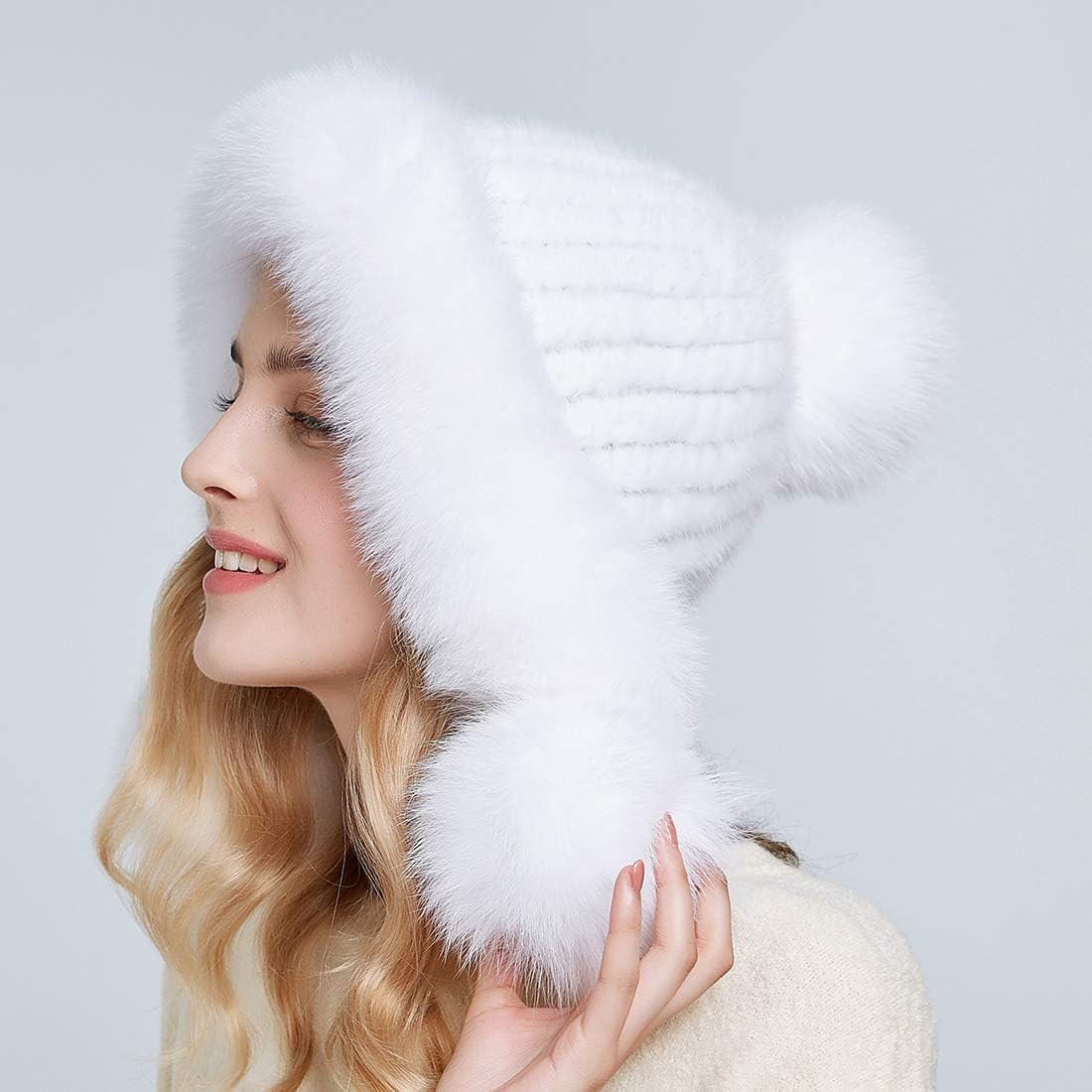 Winter Mink Fur Roller Hat For Women 3 Fox Pom Pom Warm EarFlap Wool Knit Lined