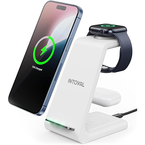Intoval 3 in 1 Wireless Charging Station for iPhone and Apple Watch,Fast Wireless Charger Stand,Compact Desk Charging Dock for iPhone17 16 15 14 13/Pro/Max, iWatch11 10 9 Ultra/SE 3/4,AirPods