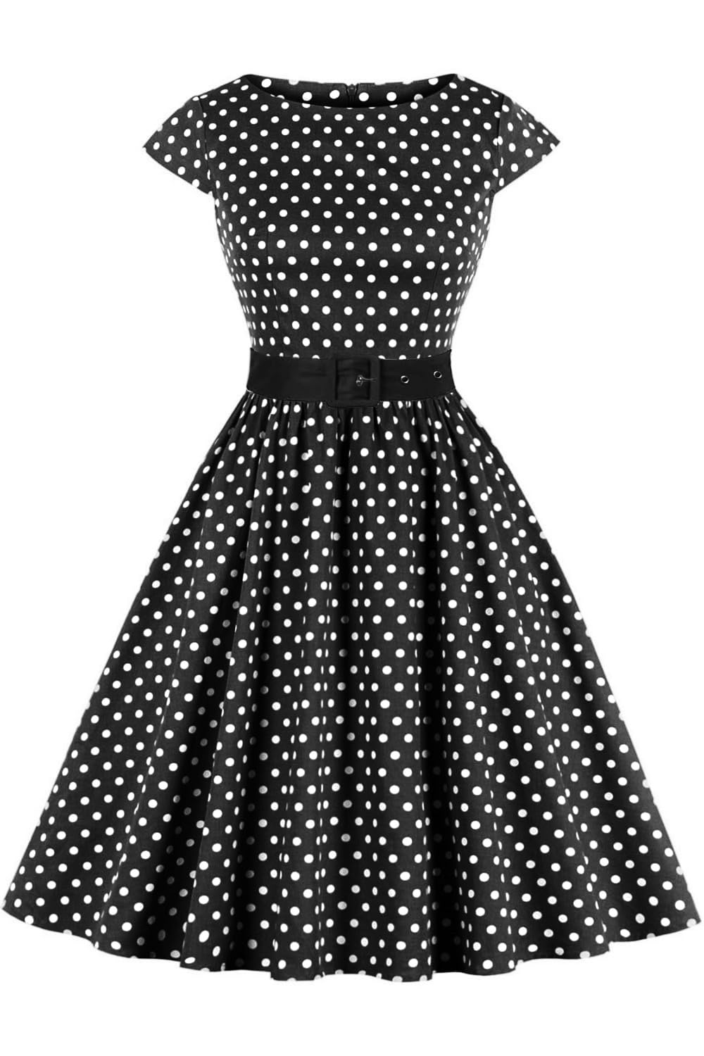 AXOE Donna Abito Vintage Anni 50 Cotone Traspirante, Linea A, Scollo A Barca, Cintura Contrasto Rimovibile
