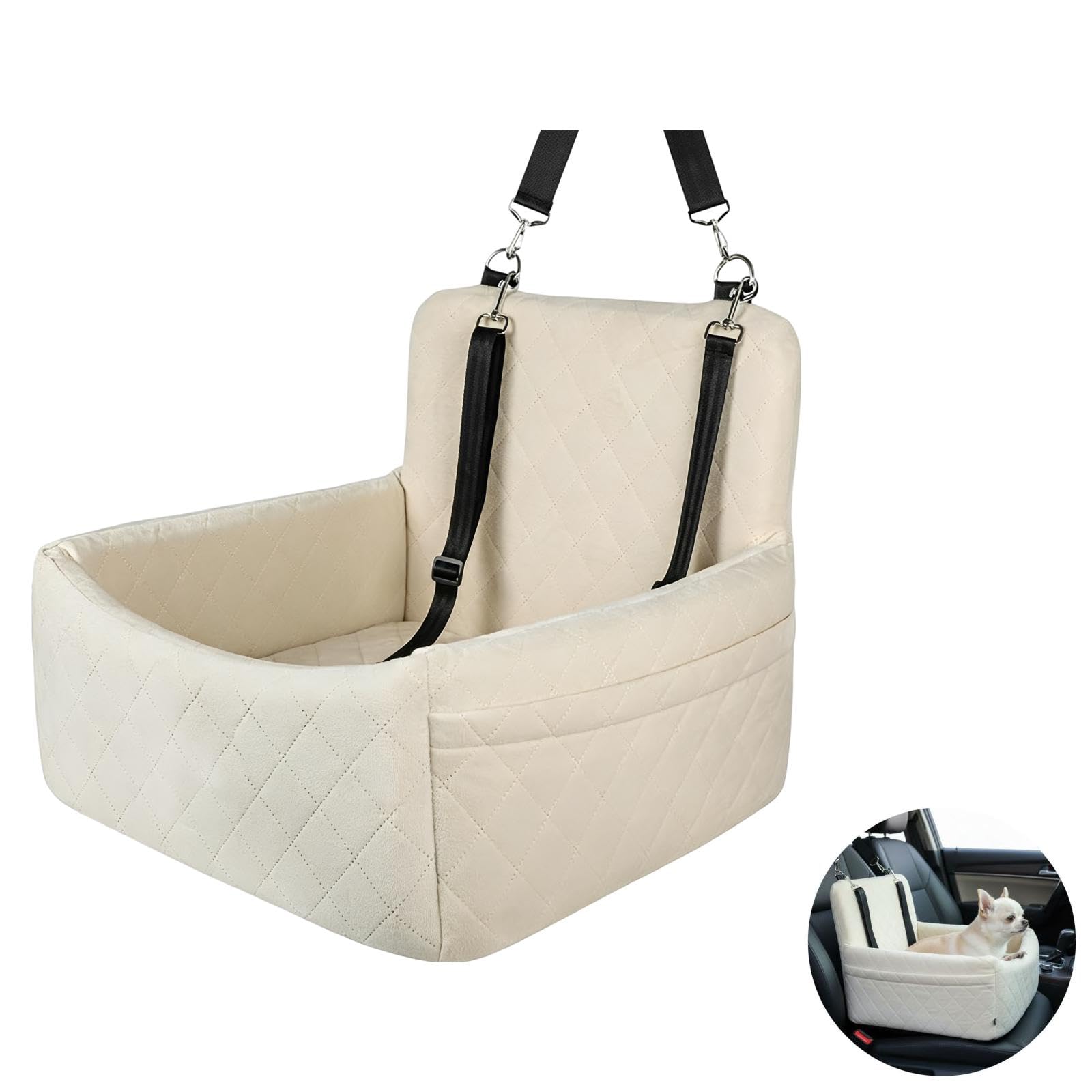 Velveteen - Asiento de coche para perros pequeños, elevador elevado para mascotas con lados altos, cinturón de seguridad y correa antideslizante, asiento delantero o trasero beige, soporte relajante