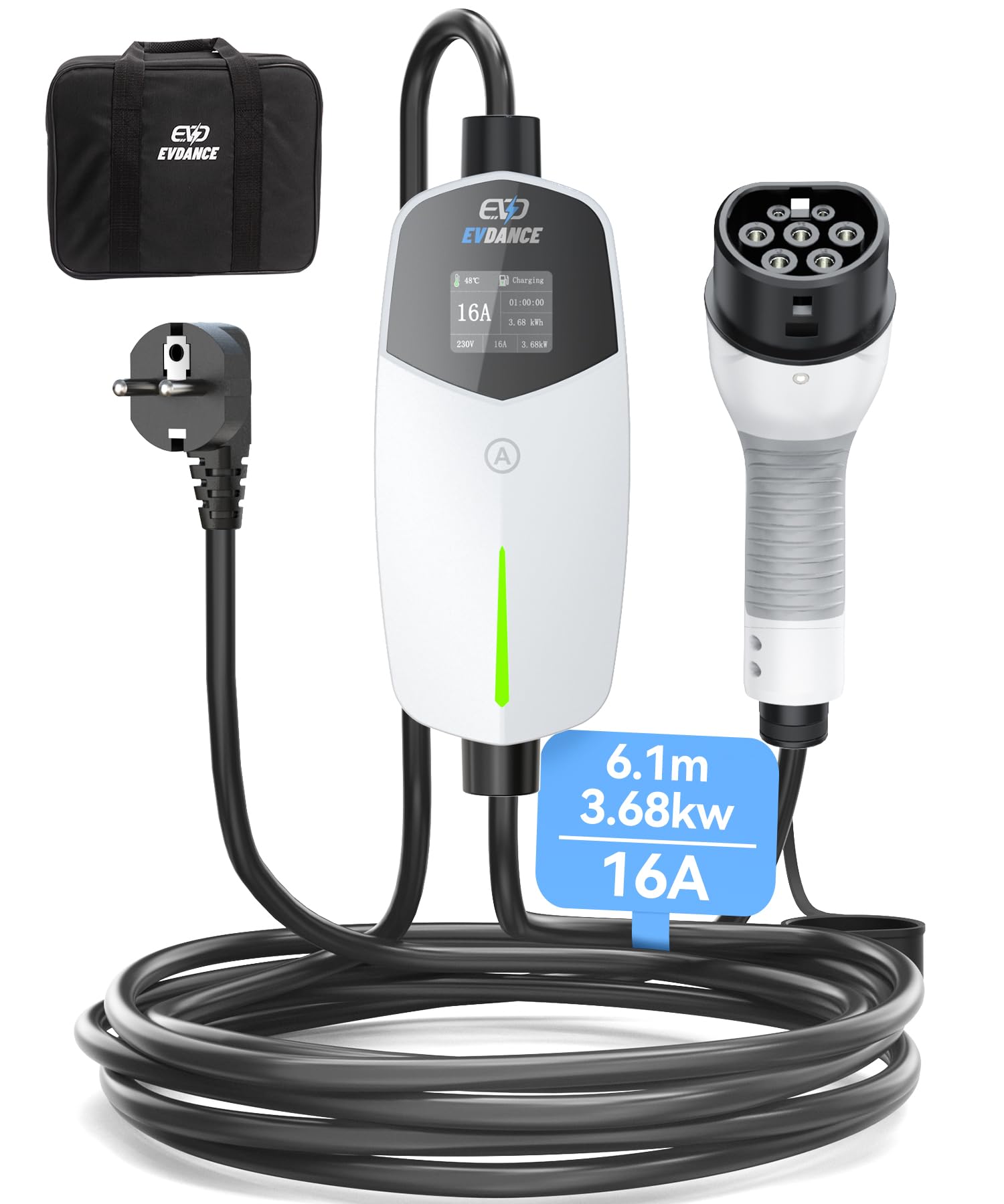EVDANCE Typ 2 Ladekabel Schuko für Elektroauto 3,68kW[1-phasig, 6.1m, 6-16A] Ladekabel Elektroauto Typ 2 Schuko für Elektroauto & Hybrid(PHEV/EV) - Weiß